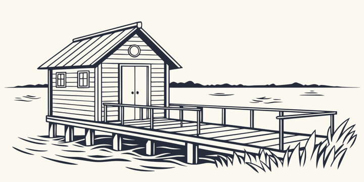 a small wooden house on stilts over the water Vector