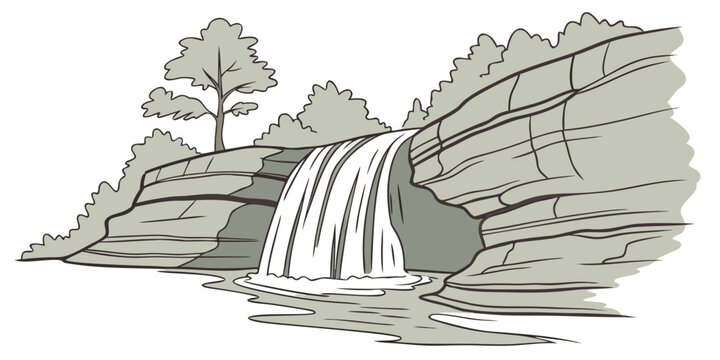 a waterfall cascading down a rocky slope with a tree Vector