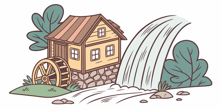 a cartoon house with a water wheel and a stream Vector