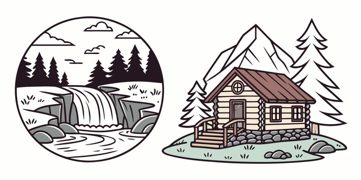 a log cabin with a red roof and mountains Vector