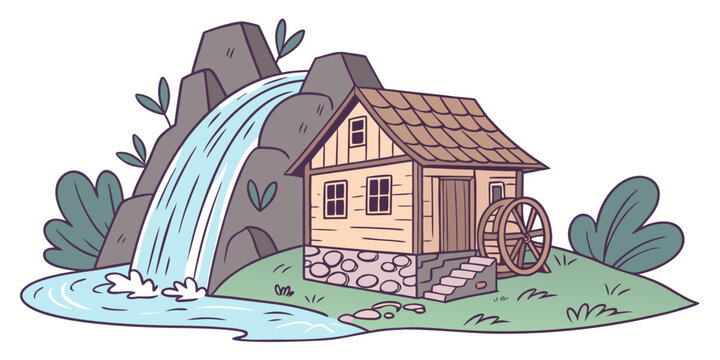 a small house next to a waterfall Vector