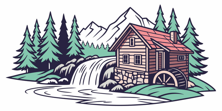 a small wooden house with a red roof near a waterfall Vector
