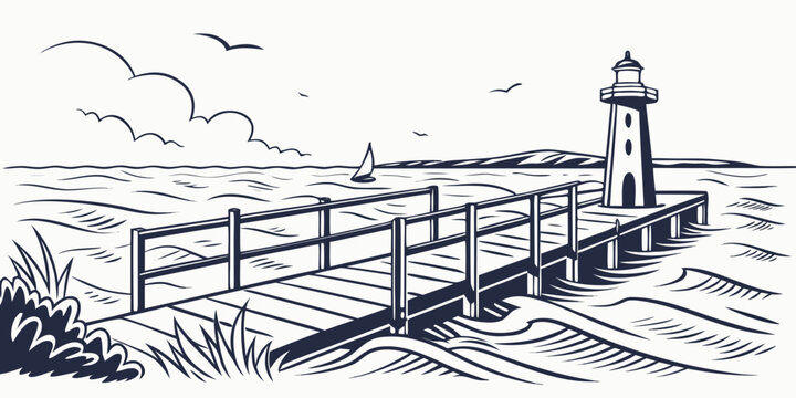 a black and white drawing of a lighthouse on a pier Vector