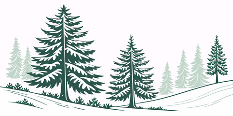 Obraz premium a group of pine trees on a snowy hill Vector