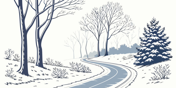 a snowy road with trees on a winter day Vector