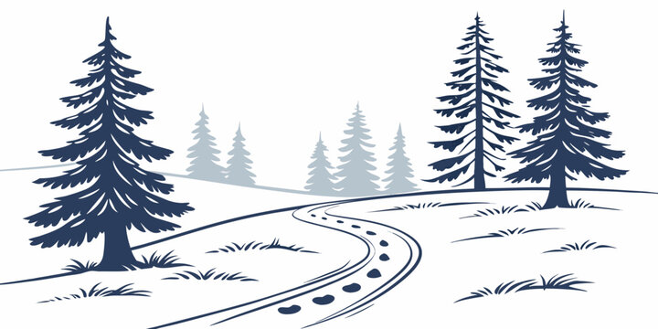 a snowy landscape with a winding path and evergreen trees Vector
