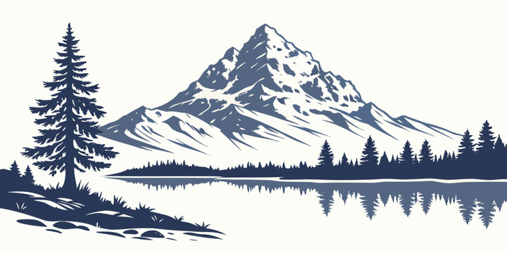 a mountain landscape with a pine tree and a lake Vector
