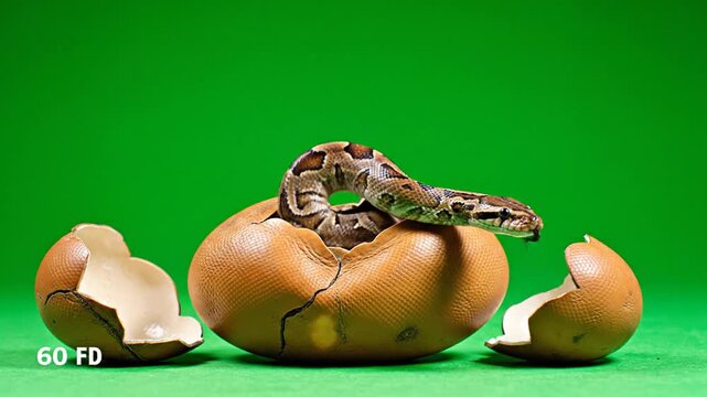 Newborn snake emerging from broken egg shell on green background
