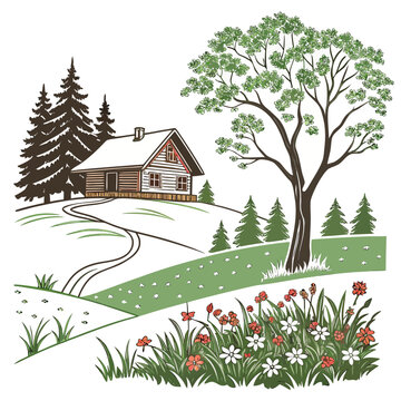 a house on a snowy hill with a tree and flowers Vector