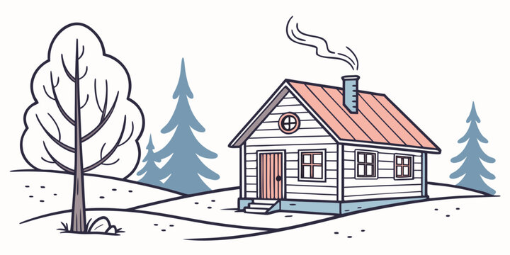 a small house with a red roof and a tree in a snowy landscape Vector