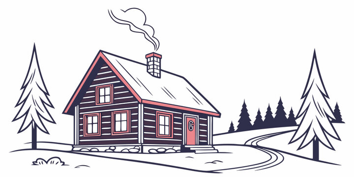 a small log cabin in a snowy landscape Vector