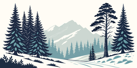 Fototapeta premium snowy mountain landscape with pine trees Vector