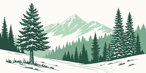 Fototapeta premium a serene winter landscape with pine trees and mountains Vector