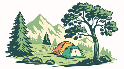 a colorful tent pitched in a scenic outdoor setting Vector © RABBY