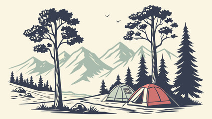 a red tent in a forest with mountains in the background Vector © RABBY