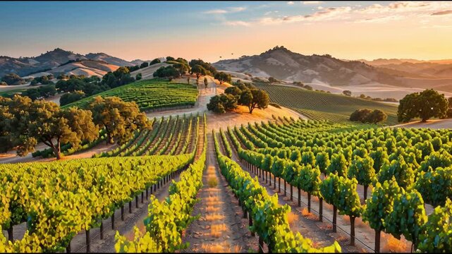 Explore Rolling Vineyards at Sunset in a Beautiful Countryside Setting With Rows of Grapevines and Distant Mountains