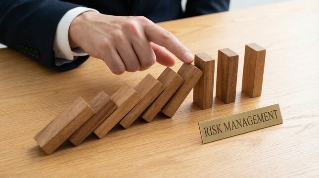 Businessman preventing domino effect with risk management strategy on wooden table