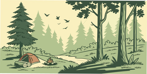 a tent pitched in a forest clearing Vector © RABBY