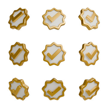 3D gold check mark star badge icon set, minimalist premium verified tick symbol for UI UX design.