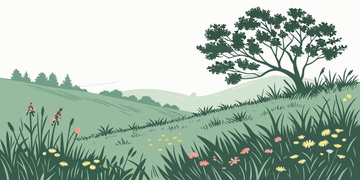 a tree on a grassy hill with wildflowers Vector