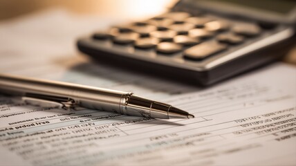 Financial Planning Close-Up: Ballpoint Pen on Tax Form with Calculator in Soft Focus