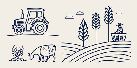 a tractor and a cow on a farm with trees Vector © RABBY