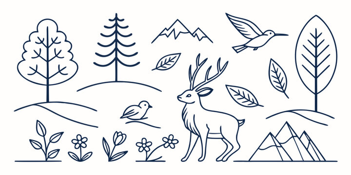a deer standing in a forest with trees and mountains Vector