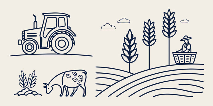 a tractor and a cow on a farm with trees Vector