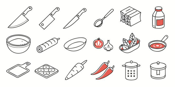 a collection of kitchen utensils and food items Vector