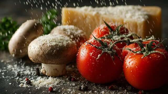 Culinary Delight: A close-up shot of fresh, vibrant ingredients, a visual feast with colorful tomatoes, delicate mushrooms, and a block of hard cheese, enhanced with a dusting of grated cheese.