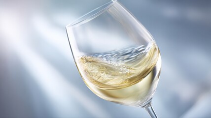 Naklejka premium Elegant Glass of White Wine Swirling Against a Soft Blue Backdrop, Showcasing Sophistication