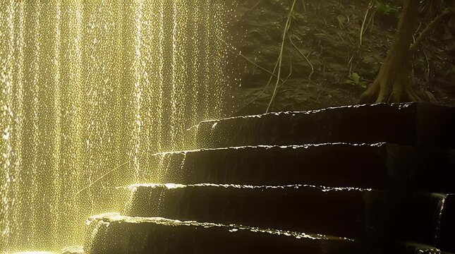 Abstract golden waterfall cascading over textured rock formations in a dark dramatic setting conceptual image representing wealth luxury and natural beauty