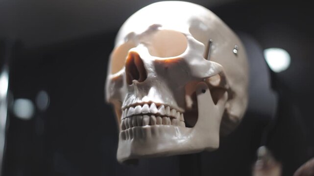 A close-up view of a human skull on display, often used for forensic or educational purposes