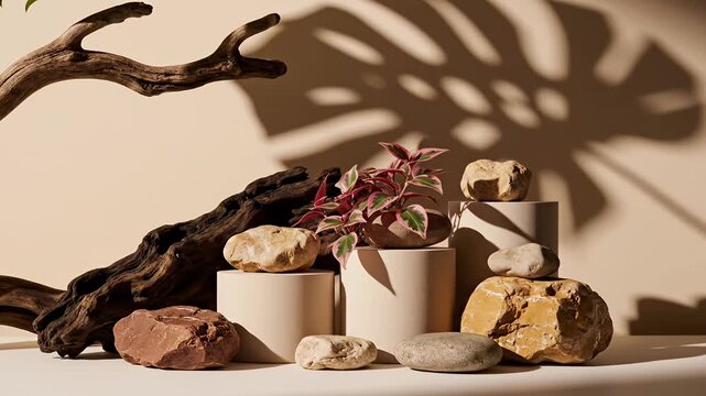 Organic display of stones, plant, driftwood with tropical leaf shadow