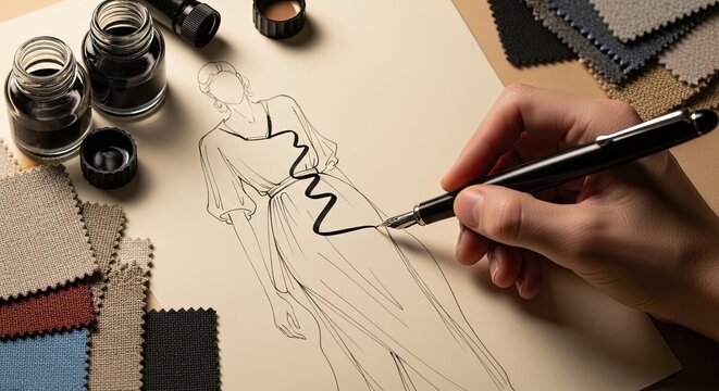 Artist creating a detailed sketch with ink and a fine-tipped pen on a piece of paper