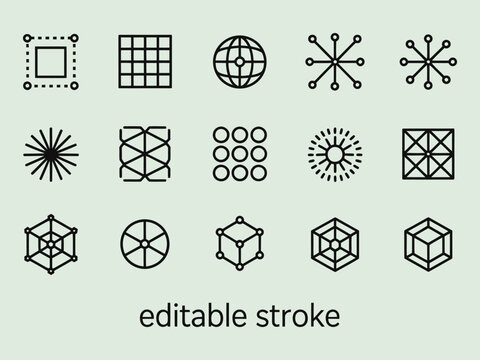 Editable stroke icons for abstract geometric shapes and network systems vector