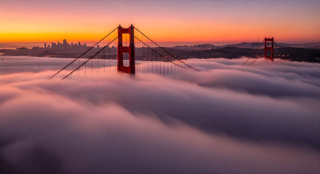 The golden gate bridge stands tall above a thick blanket of morning fog at a beautiful sunrise.