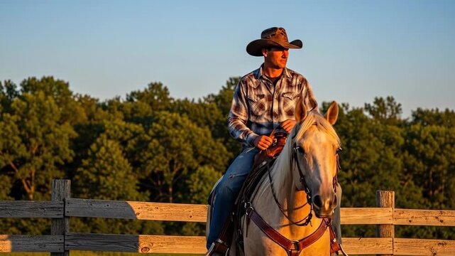 A cowboy riding a horse in a serene rural landscape during golden hour