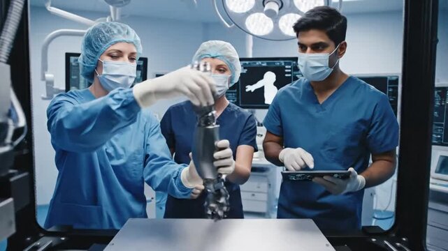 Advanced robotic processor architecture displayed on a platform within a futuristic operating room with medical personnel and monitors in the background