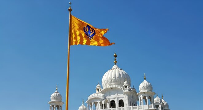 Golden Sikh Nishan Sahib flag waving in front of historic government building under clear blue sky