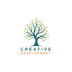 Obraz premium Stylized tree with colorful autumn leaves representing creative development and organic growth, isolated white background.