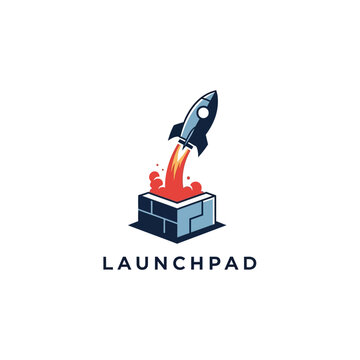 Launchpad Rocket Take Off Logo with Flames on isolated white background