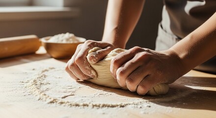 A person's hands kneading fresh dough on a floured wooden table with a bowl of flour and a rolling pin in the background.