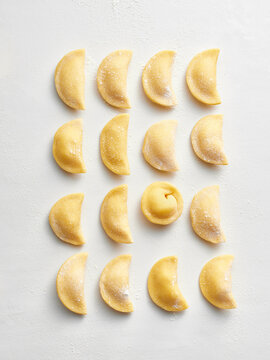 The image shows uncooked dumplings arranged in a grid on a clean surface. This visual works well for restaurant menus, food blogs, and culinary tutorials