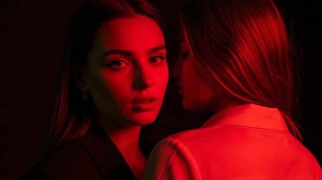 A romantic couple shares a tender moment in a dimly lit room with red lighting