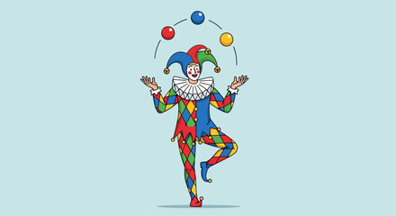 Obraz premium Jester celebrates Fool's Day in April with colorful balls and attire