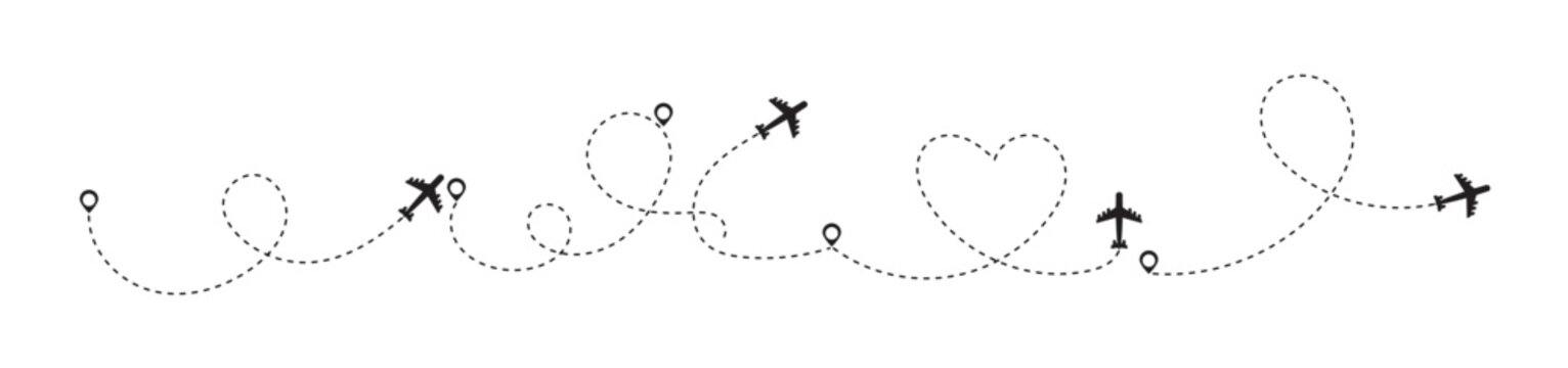 love heart dotted flight path arrows set. airplane line path icon of air plane flight route dash line.  Long squiggle dashed. vector illustration.