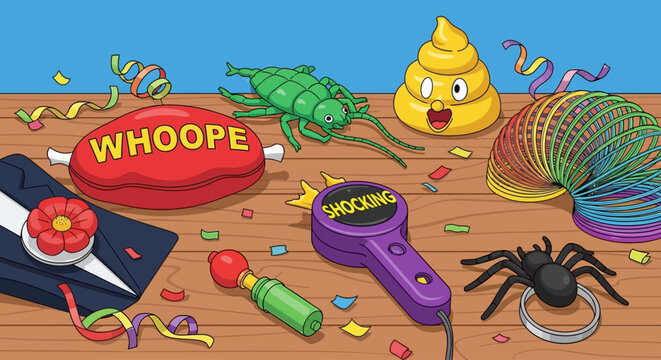 April Fool's Day prank toys and gadgets on a wooden table indoors