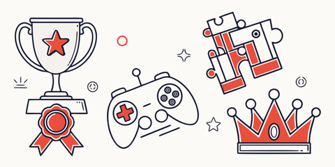 a collection of gaming icons including a trophy, video game controller, crown, and medal Vector © BOY