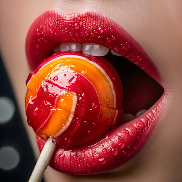 A close up view of glossy red lips holding a vibrant orange and red striped round candy lollipop